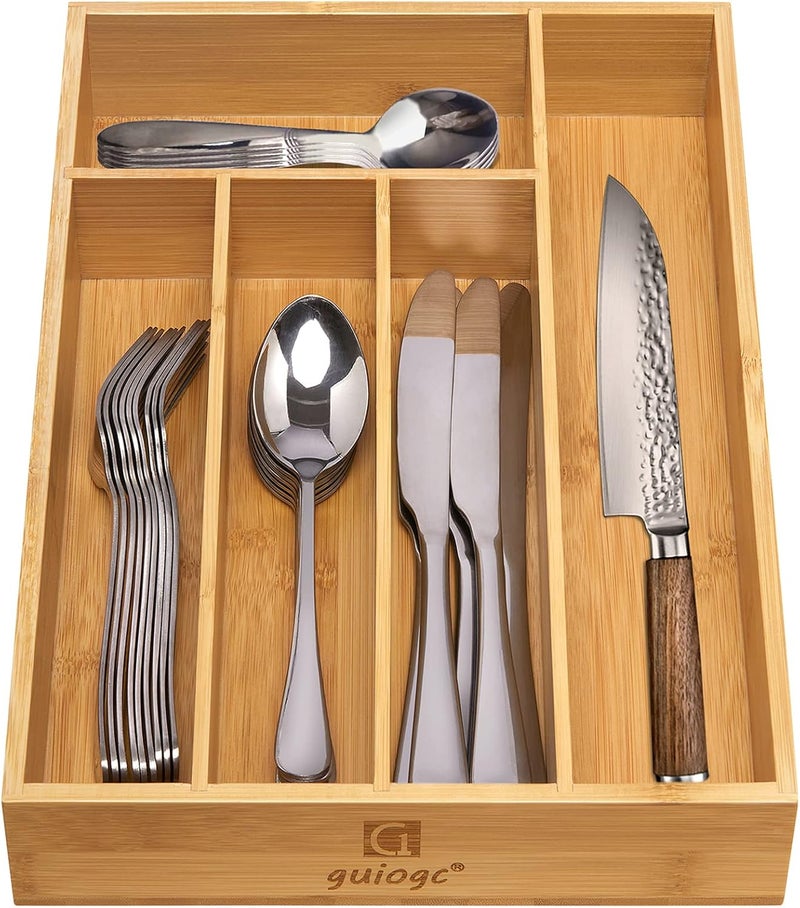 guiogc Kitchen Bamboo Silverware Drawer Organizer，Silverware Organizer and Cutlery Tray with Grooved Drawer Dividers for Silverware, Knives in Kitchen, Bedroom (5 Slot-Natural) - Image 4